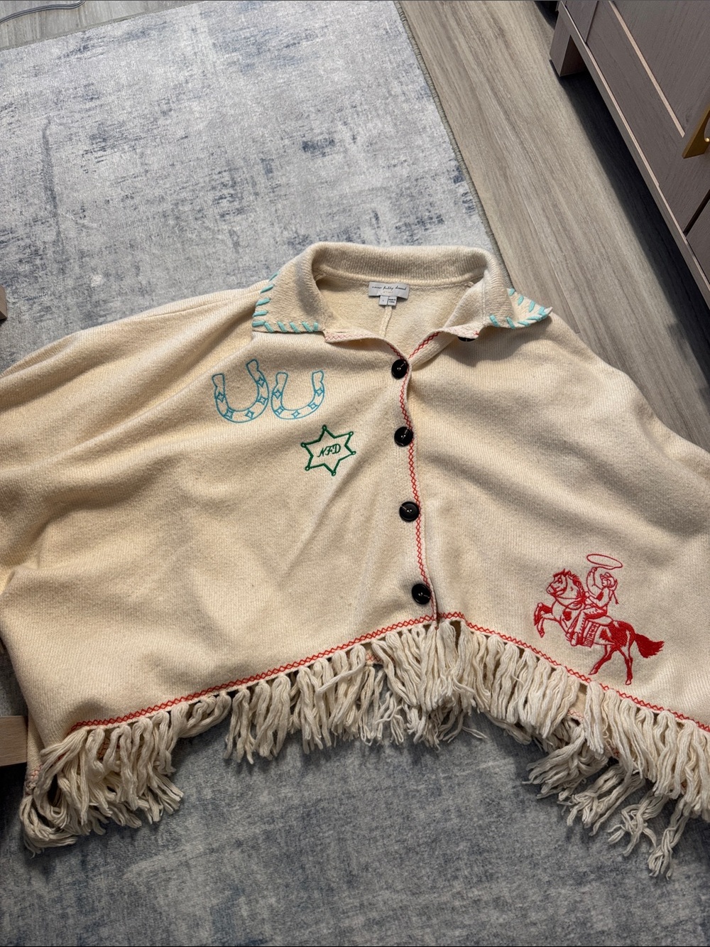 Never Fully Dressed Cream Fringe Button-Up Sweater with Turquoise & Red Accents